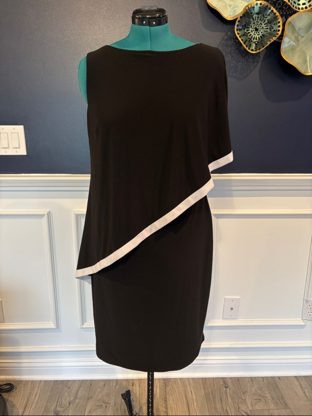 Ralph Lauren Black One Shoulder Asymmetrical Dress Ivory Trim Elegant Size 16